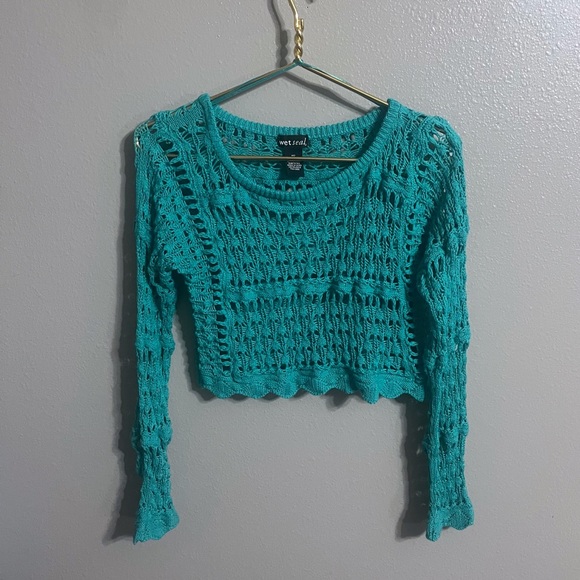S|O|L|D✖️Wet seal crochet teal long sleeve top - Picture 3 of 6